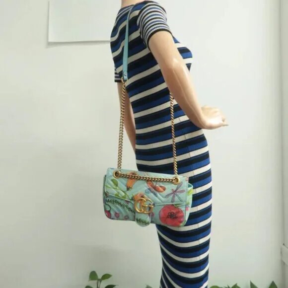 100% Authentic GUCCI GG Marmont Flap Blue Unskilled Worker Leather Shoulder Bag - Picture 12 of 12